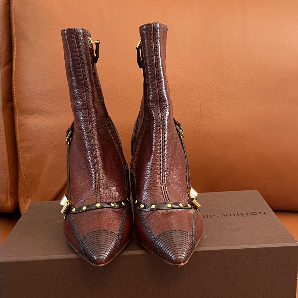 Vintage Louis Vuitton Brown Heeled Boots with Gold Accents